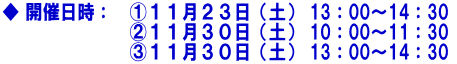 ◆ 開催日時：　①１１月２３日（土） 13：00～14：30 　　　　　　　 ②１１月３０日（土） 10：00～11：30  　　　　　　　 ③１１月３０日（土） 13：00～14：30