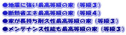 ●地震に強い最高等級の家（等級３） ●断熱省エネ最高等級の家（等級４） ●家が長持ち耐久性最高等級の家（等級３） ●メンテナンス性能も最高等級の家（等級３） 
